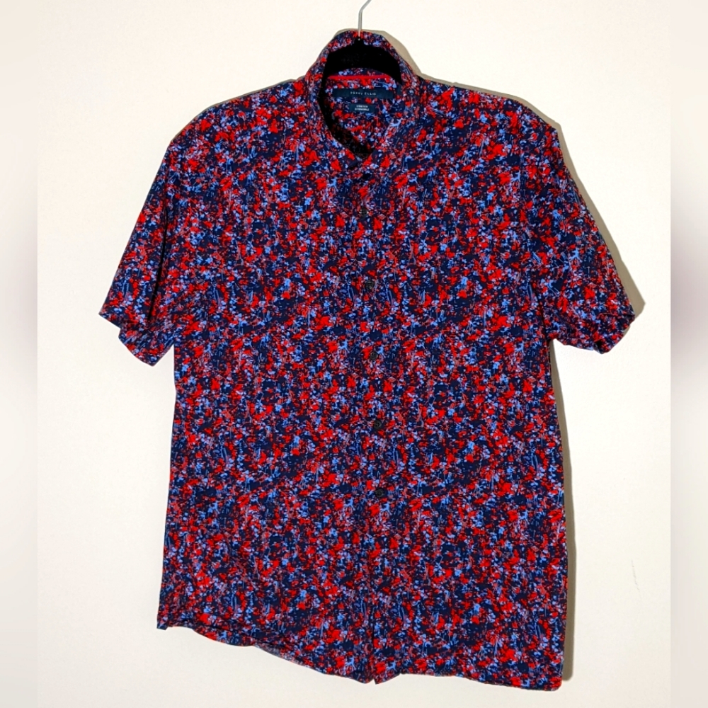 Perry Ellis| Vibrant Red and Blue Paint Splatter Design Short Sleeve Shirt
